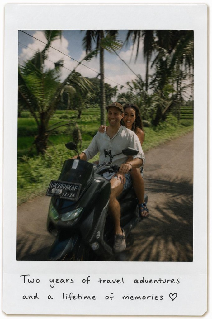 Jamie and Lilly on a scooter during two years of travel adventures